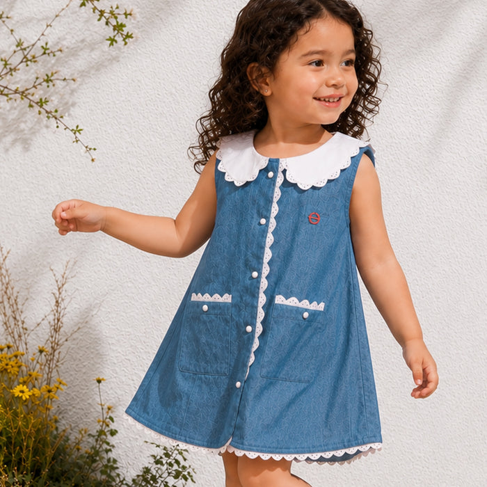 Toddler Girls Dress in Light Blue with Peter Pan Collar, Comfort Denim Fabric & Waist Belt
