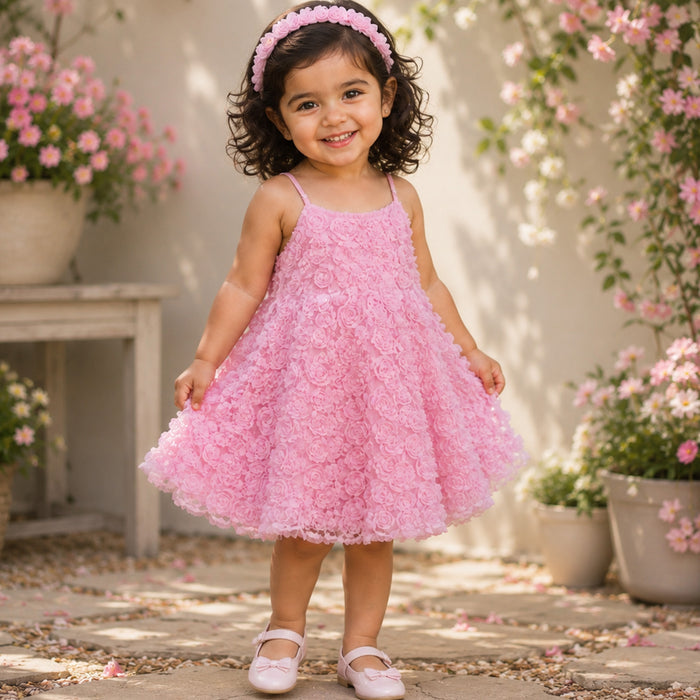 Toddler Girls Dress in Light Pink with Rose Appliqué & Matching Headband, Perfect for Party Wear