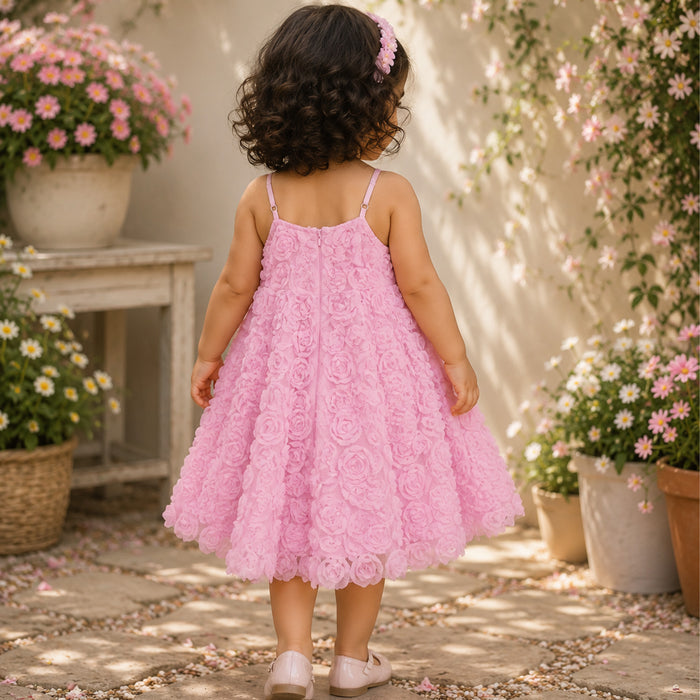 Toddler Girls Dress in Light Pink with Rose Appliqué & Matching Headband, Perfect for Party Wear