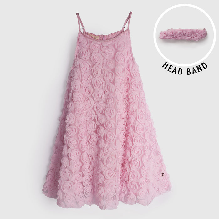 Toddler Girls Dress in Light Pink with Rose Appliqué & Matching Headband, Perfect for Party Wear
