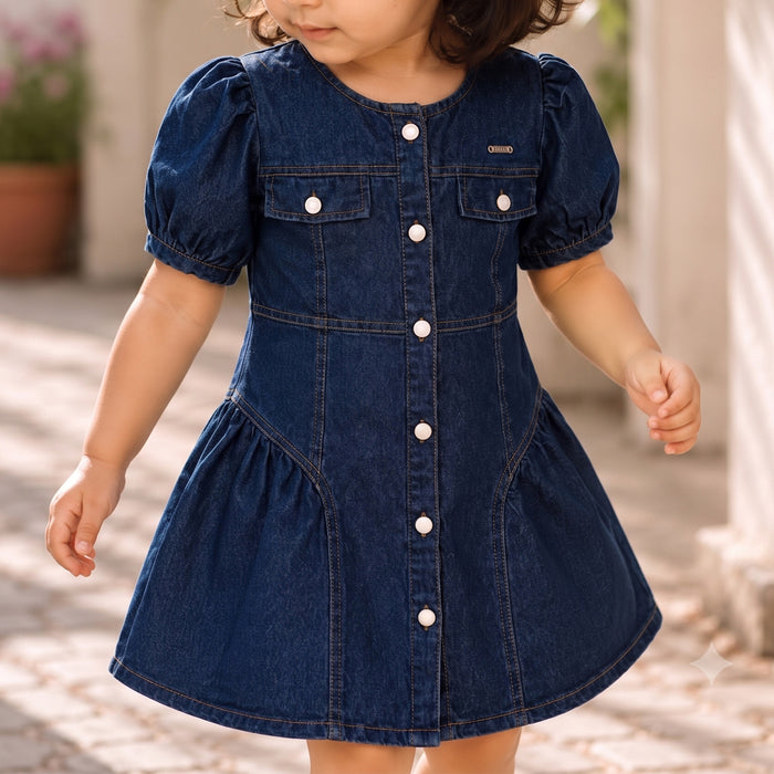 Toddler Girls Dress in Mid Blue with Denim Fabric, Regular Fit, Puff Sleeves & Flared Style