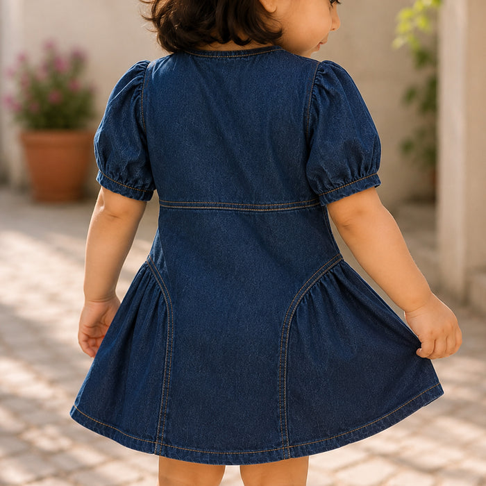 Toddler Girls Dress in Mid Blue with Denim Fabric, Regular Fit, Puff Sleeves & Flared Style