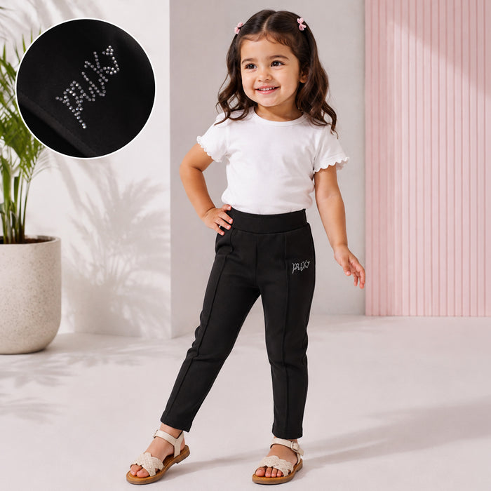 Toddler Girls Lower in Black with Sleek Straight Fit, Soft Stretch Fabric & Rhinestone Detail