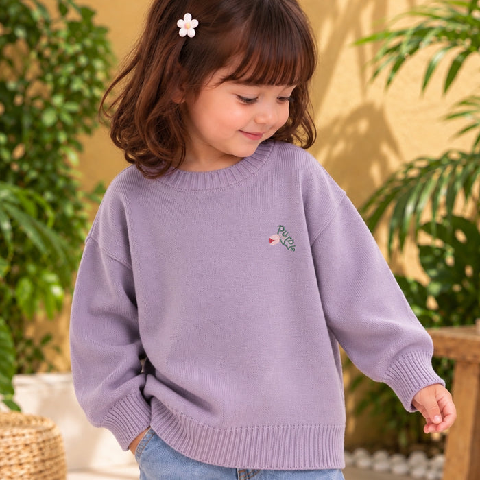 Toddler Girls Sweater in Lavender with Soft Knit Texture, Crew Neck & Ribbed Details