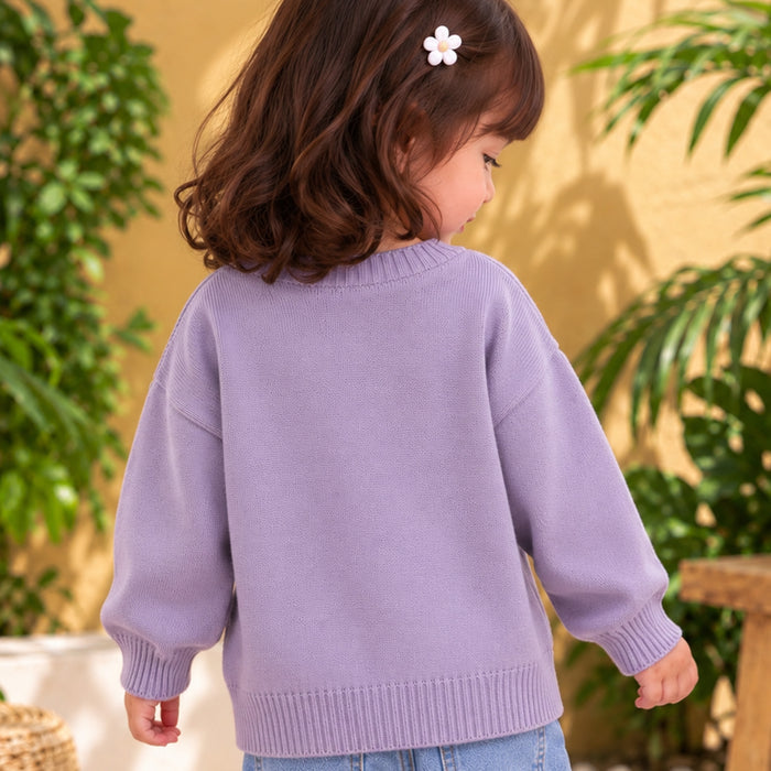 Toddler Girls Sweater in Lavender with Soft Knit Texture, Crew Neck & Ribbed Details
