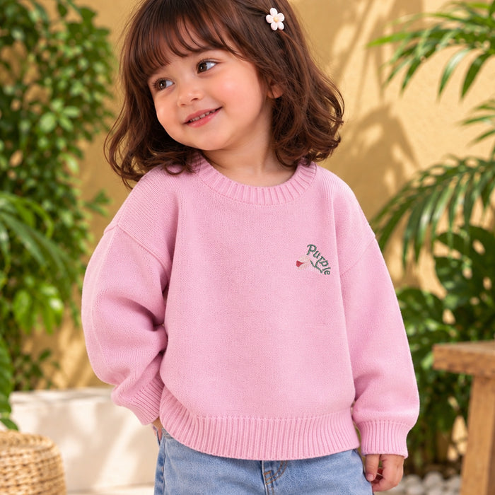 Toddler Girls Sweater in Pink with Soft Knit Texture, Crew Neck & Ribbed Details