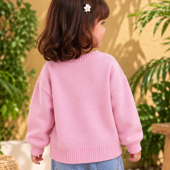 Toddler Girls Sweater in Pink with Soft Knit Texture, Crew Neck & Ribbed Details