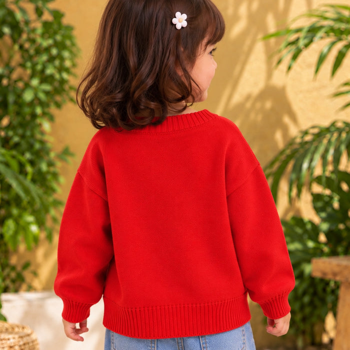 Toddler Girls Sweater in Red with Soft Knit Texture, Crew Neck & Ribbed Details