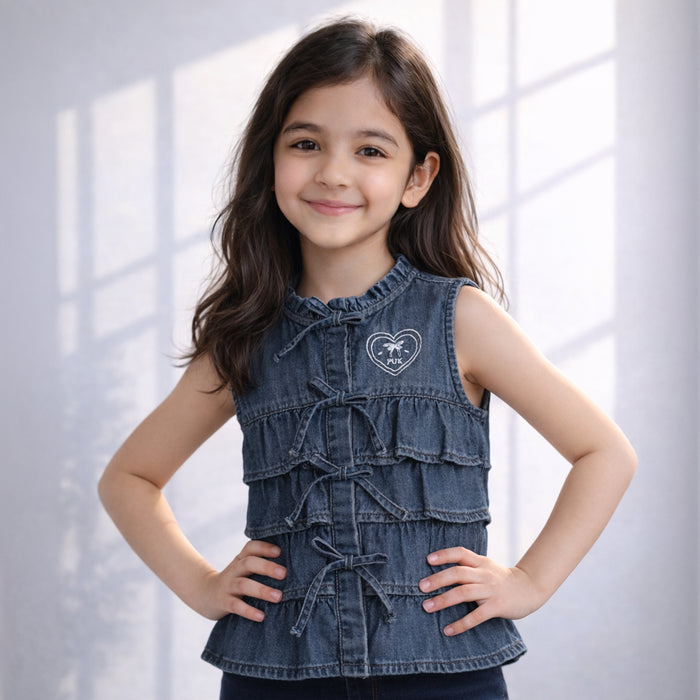 Top For Girls in Blue Denim with Ruffle Tie-Up Front, Soft Fabric & Sleeveless Summer Fit