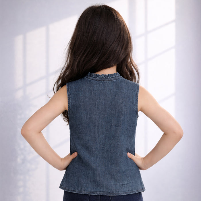 Top For Girls in Blue Denim with Ruffle Tie-Up Front, Soft Fabric & Sleeveless Summer Fit