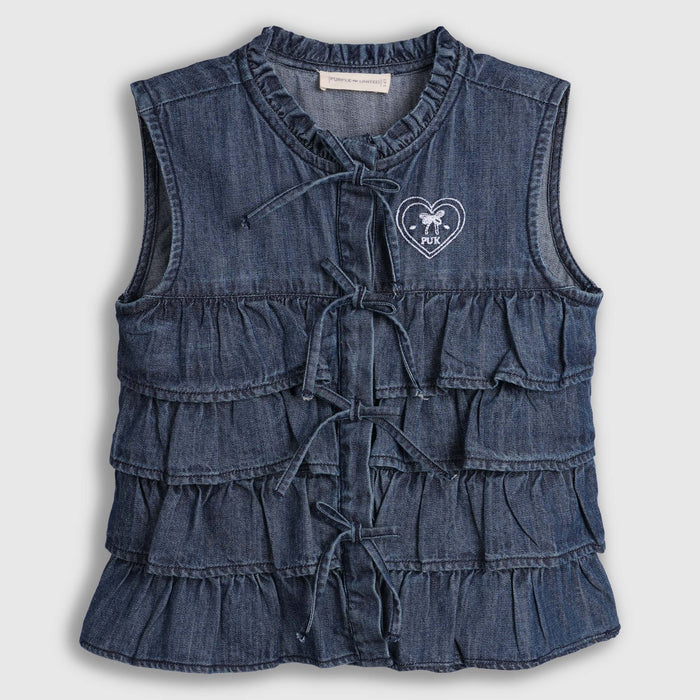 Top For Girls in Blue Denim with Ruffle Tie-Up Front, Soft Fabric & Sleeveless Summer Fit
