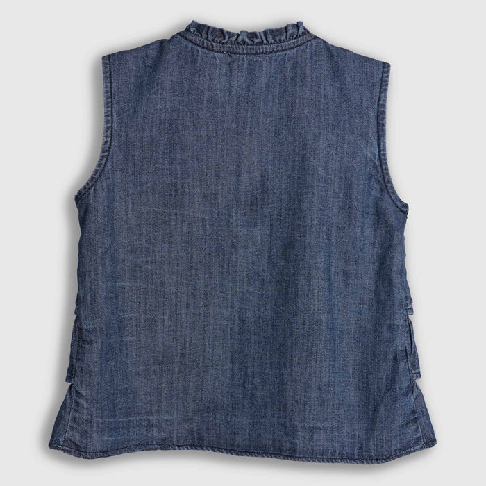 Top For Girls in Blue Denim with Ruffle Tie-Up Front, Soft Fabric & Sleeveless Summer Fit