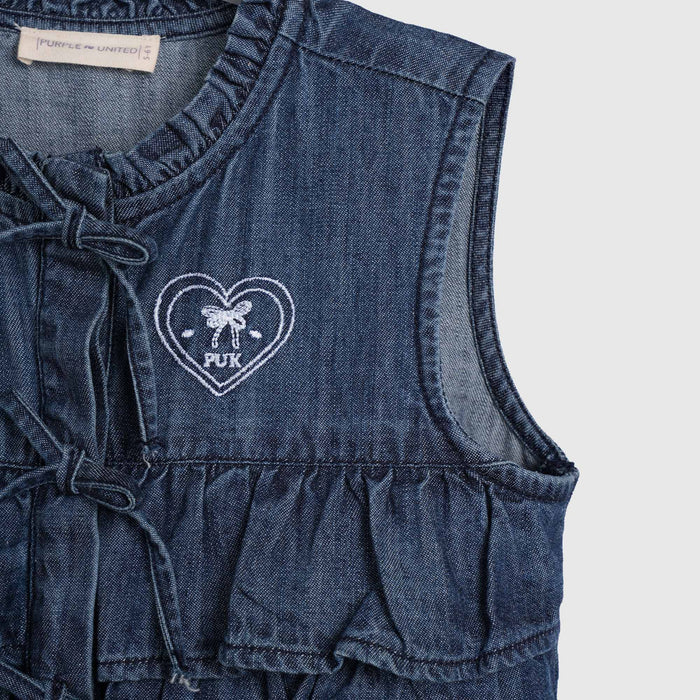 Top For Girls in Blue Denim with Ruffle Tie-Up Front, Soft Fabric & Sleeveless Summer Fit