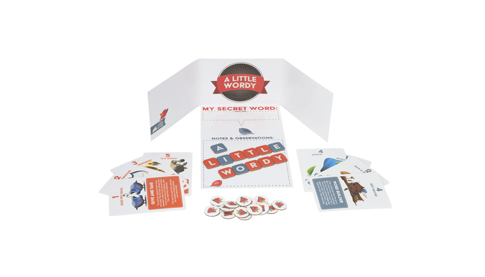 A Little Wordy game contents: letter tiles and clue cards