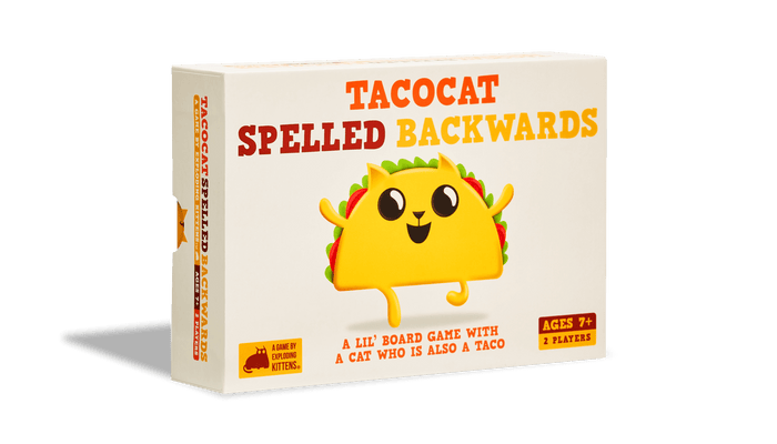 Tacocat Spelled Backwards game box with a cartoon cat-taco character