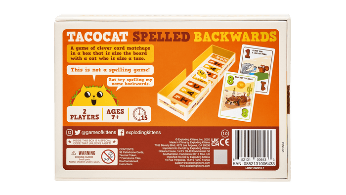 Tacocat Spelled Backwards game box back with how-to-play and details