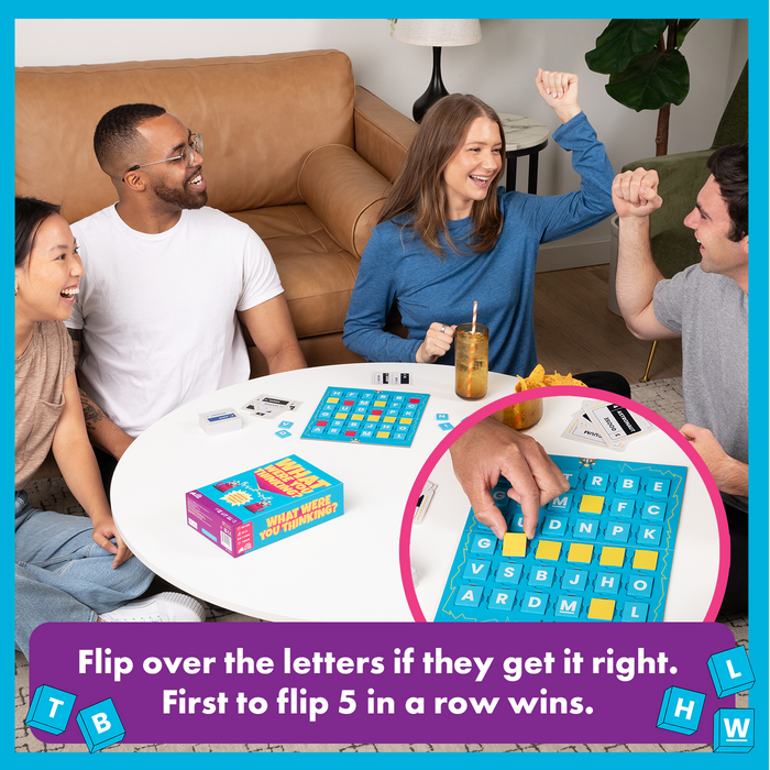 What Were You Thinking gameplay: flip the letters when guessed, first to five in a row wins