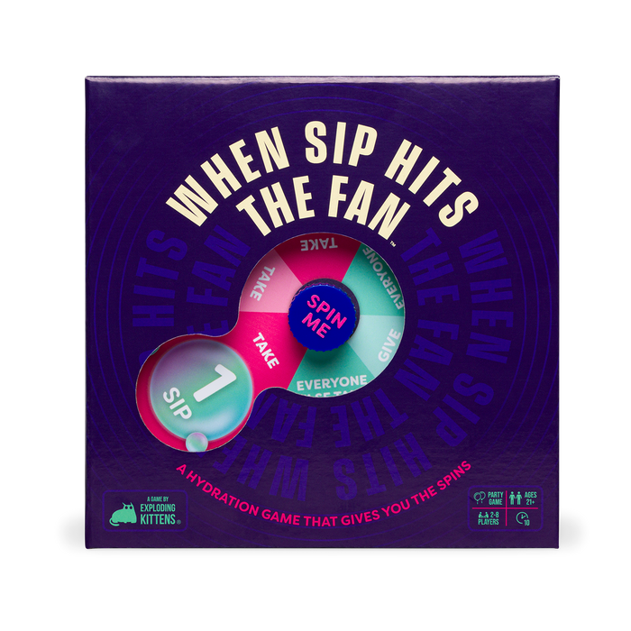 When Sip Hits The Fan game box front, a dark box with a spinner wheel