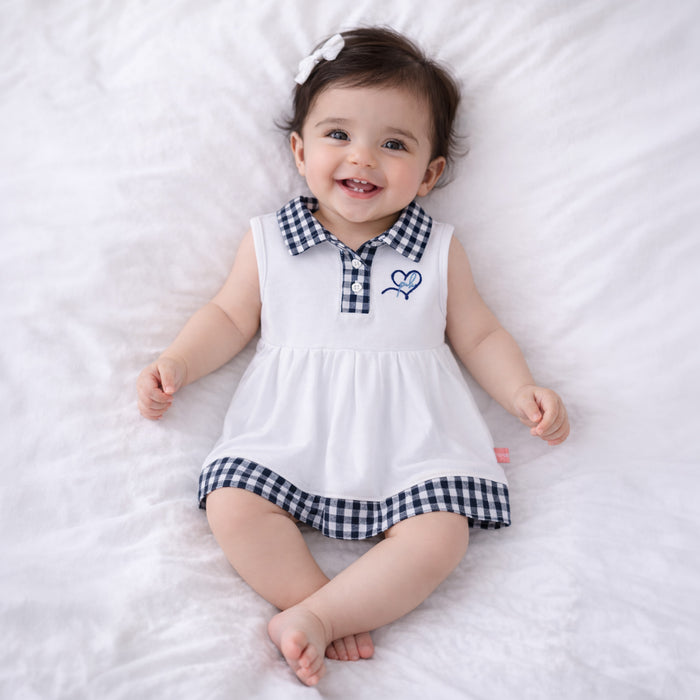 White Baby Girls Dress in Soft Cotton with Polo Collar, Gingham Trim & Infant Summer Fit