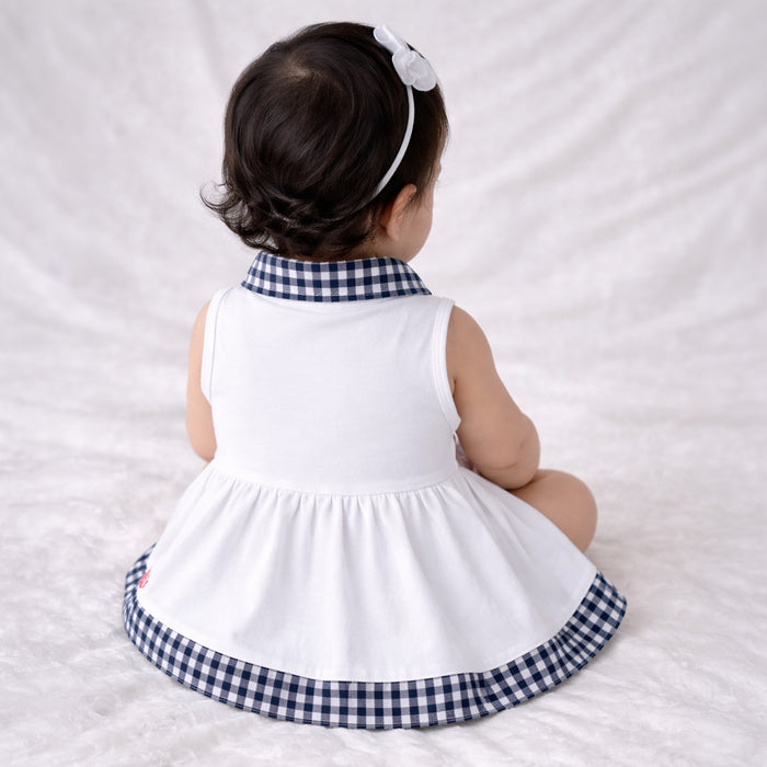 White Baby Girls Dress in Soft Cotton with Polo Collar, Gingham Trim & Infant Summer Fit