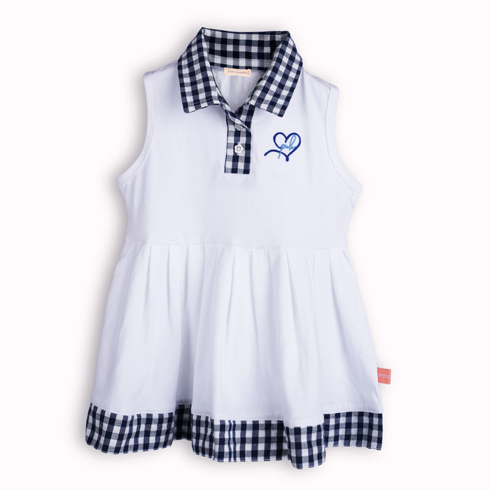 White Baby Girls Dress in Soft Cotton with Polo Collar, Gingham Trim & Infant Summer Fit