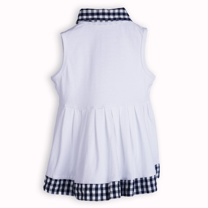 White Baby Girls Dress in Soft Cotton with Polo Collar, Gingham Trim & Infant Summer Fit