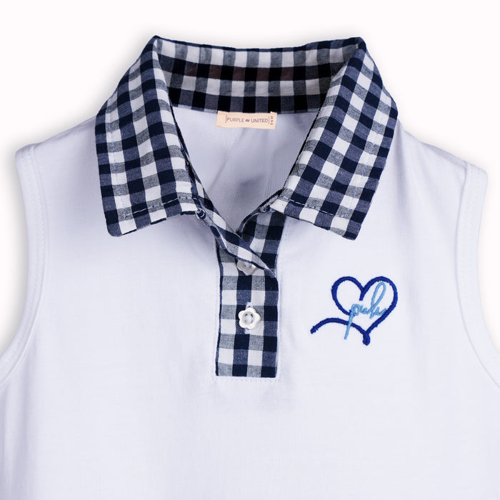 White Baby Girls Dress in Soft Cotton with Polo Collar, Gingham Trim & Infant Summer Fit