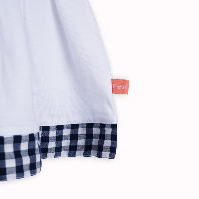 White Baby Girls Dress in Soft Cotton with Polo Collar, Gingham Trim & Infant Summer Fit