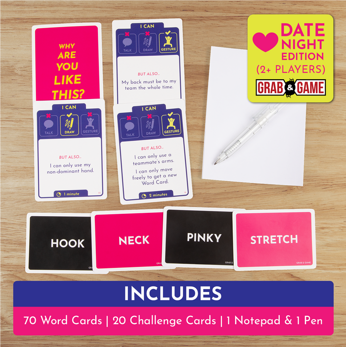 Why Are You Like This Date Night contents: 70 word cards, 20 challenge cards, notepad and pen