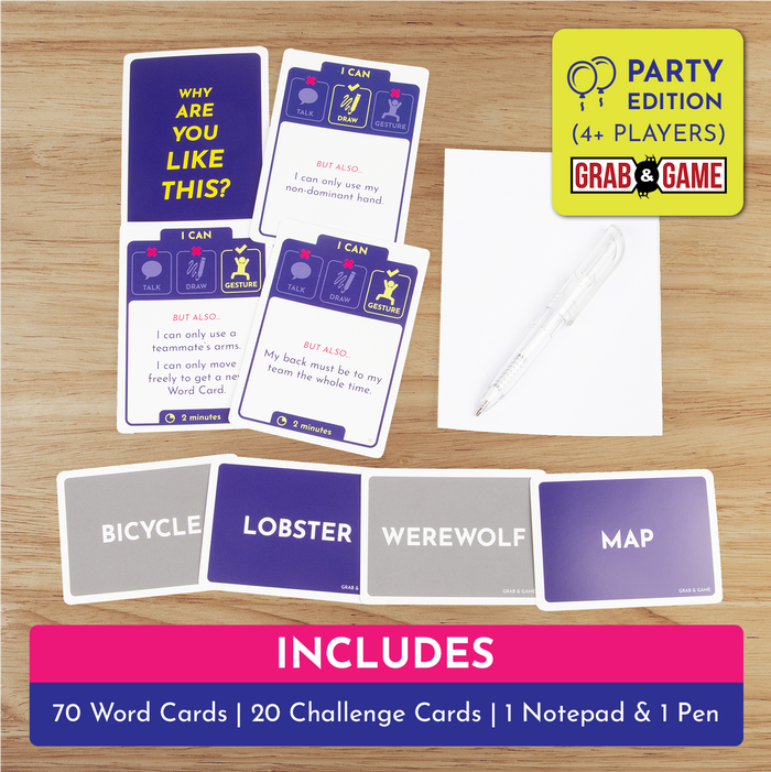 Why Are You Like This Party contents: 70 word cards, 20 challenge cards, notepad and pen