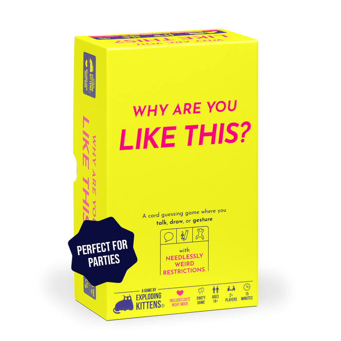 Why Are You Like This game box at an angle, a yellow box for the party word game