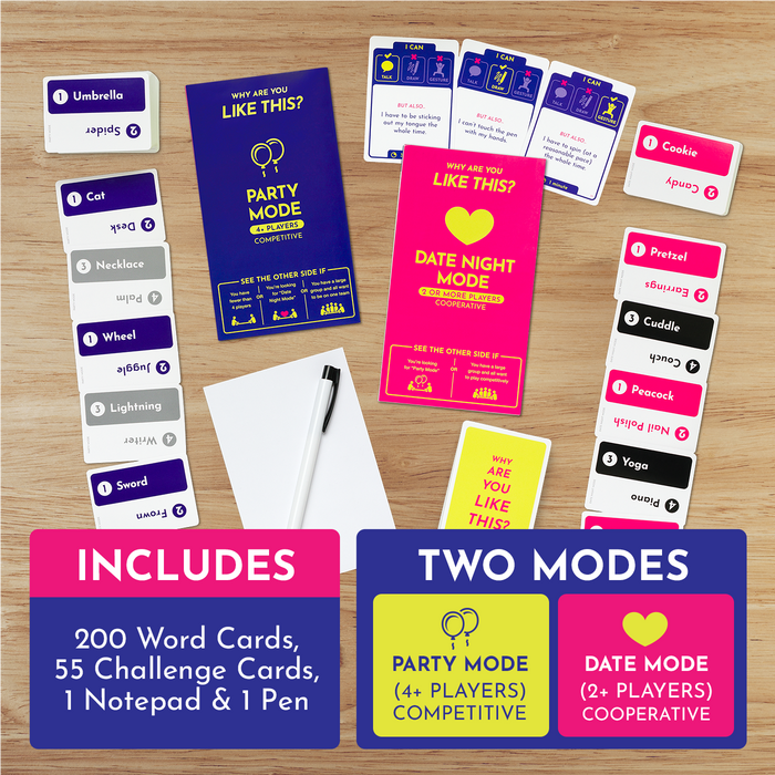 Why Are You Like This contents: 200 word cards, 55 challenge cards, notepad and pen, two modes