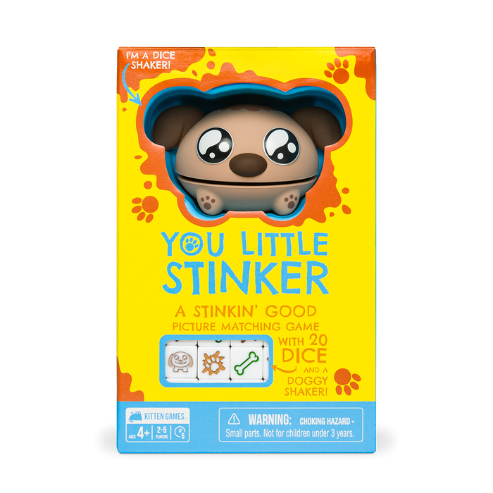 You Little Stinker game box front, a yellow box with a cartoon pug