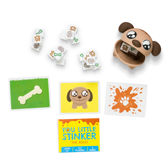 You Little Stinker contents: dice, picture cards, and a doggy shaker