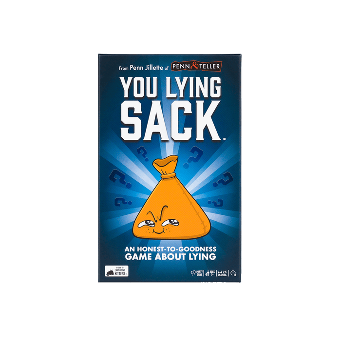 You Lying Sack game box front, a blue box about lying, with a cartoon sack