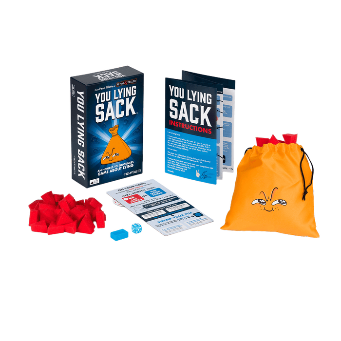 You Lying Sack contents: felt sacks, cards, and a drawstring bag