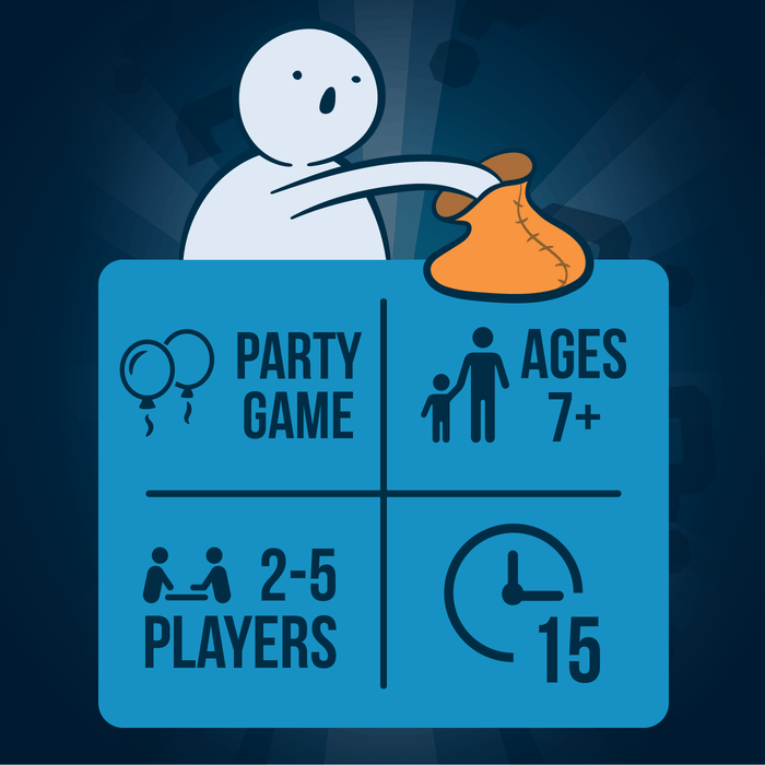 You Lying Sack info graphic: party game, ages 7+, 2-5 players, 15 minutes
