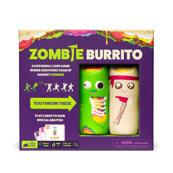 Zombie Burrito game box front, a purple box with zombie burrito characters