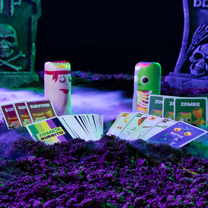 Zombie Burrito components: foam burritos and cards in a dark scene