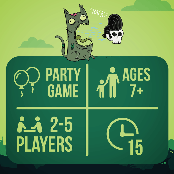 Zombie Kittens info graphic: party game, ages 7+, 2-5 players, 15 minutes