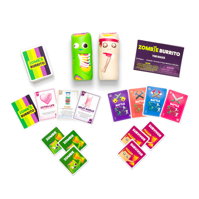 Zombie Burrito contents: foam burritos and illustrated game cards